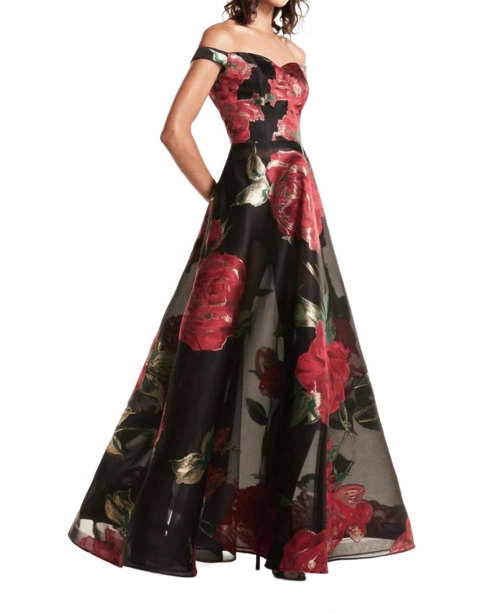 NEW LUCIAN MATIS off-shoulder floral ball gown in black/ red roses